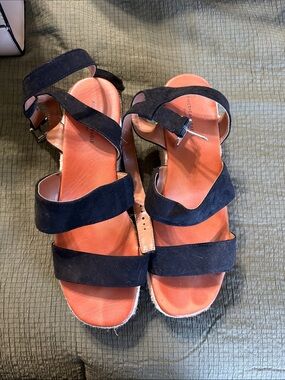 American Eagle Outfitters Black Suede Strappy Sandals with Orange Footbed